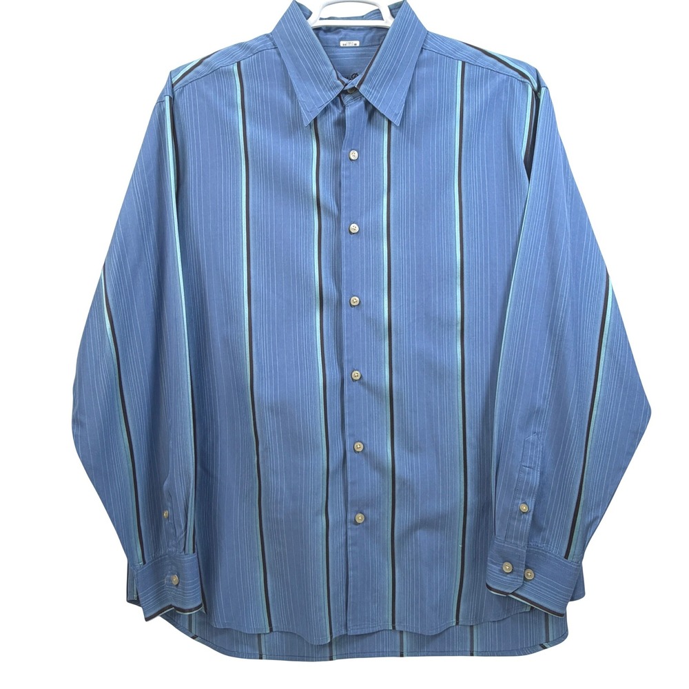 Tommy‎ Bahama Silk Cotton Striped Shirt Blue Brown Long Sleeve Button Down XL